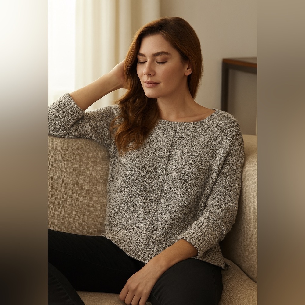 Eileen Fisher Textured Gray Open Knit Sweater Small Cotton Contemporary